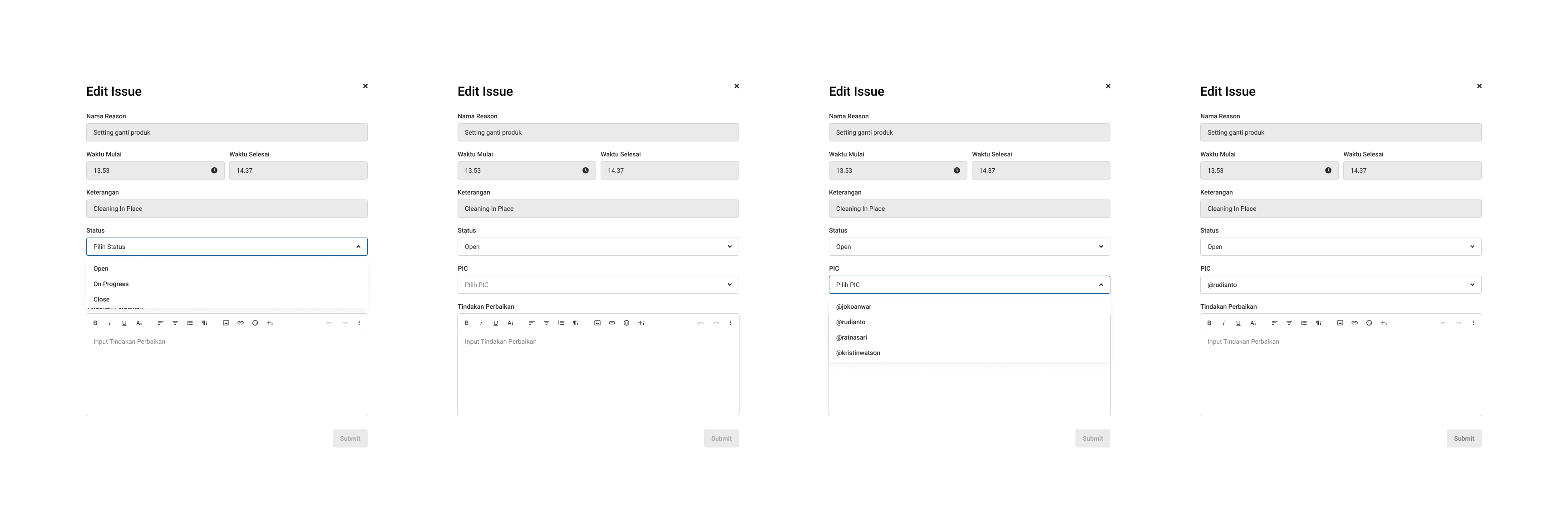 Edit Issue — status, PIC, and corrective instructions